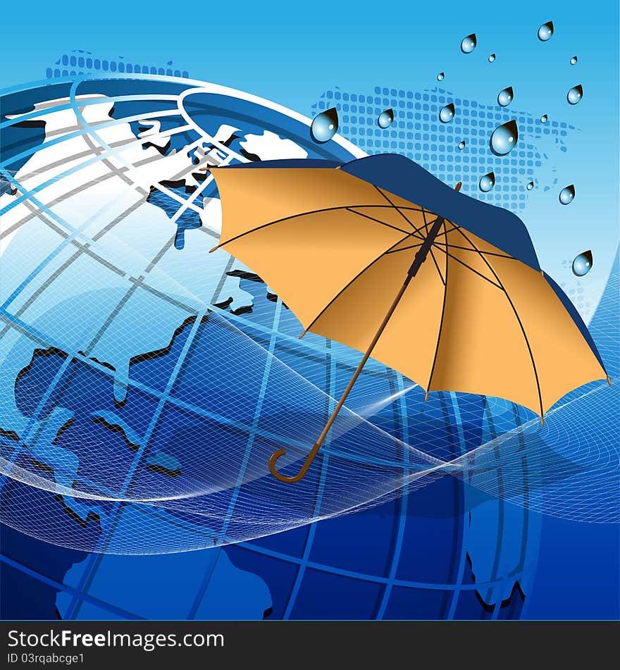 Illustration texture globe under the umbrella on net like blue background