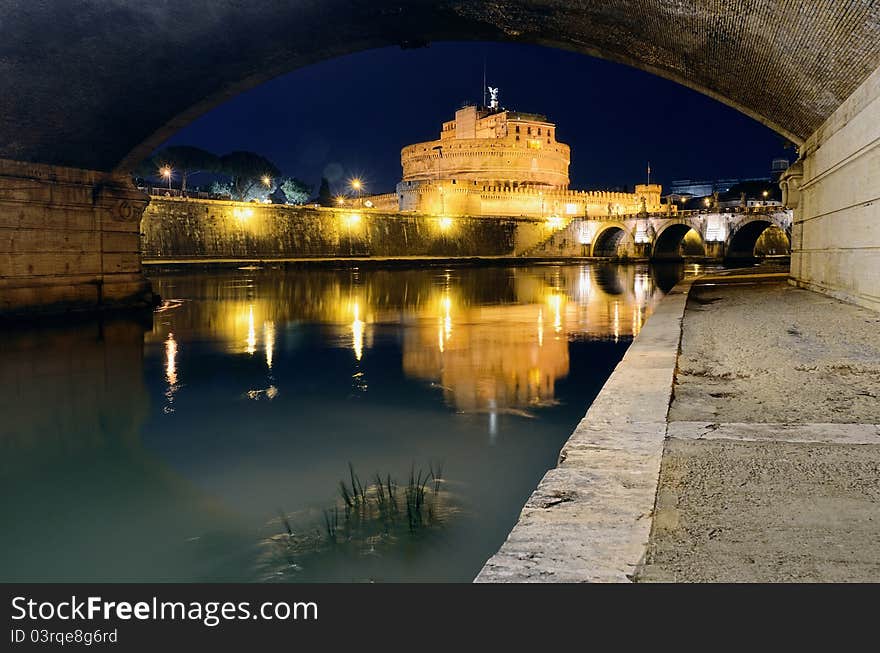 View of the fortress in Rome at night. View of the fortress in Rome at night