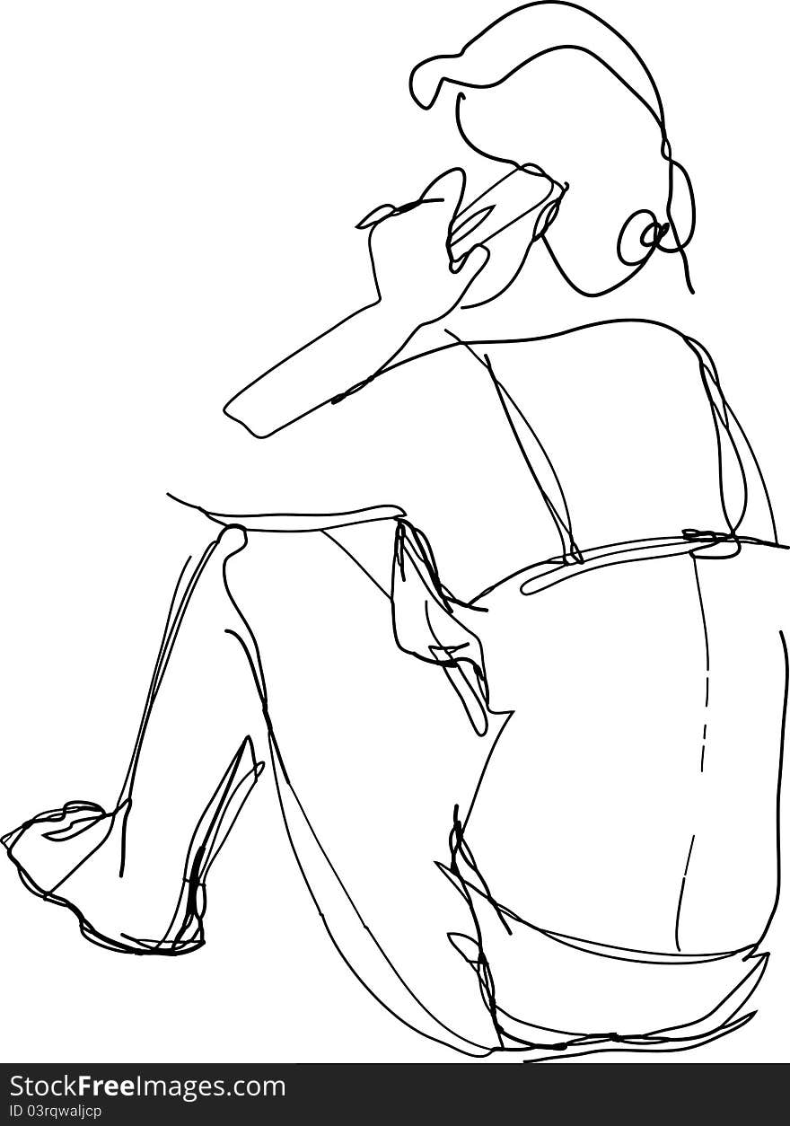 A sketch of a girl in a swimsuit talking on the phone