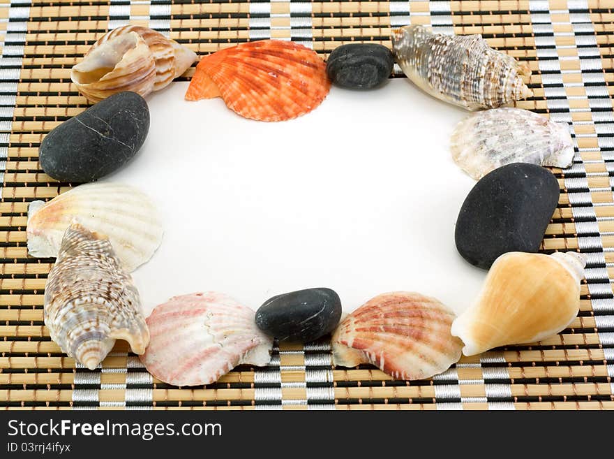 Postkard and sea shells with stones. travel. Postkard and sea shells with stones. travel