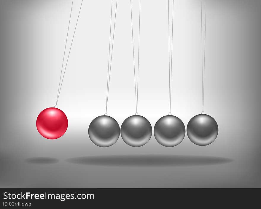 Newton's cradle with a red sphere. Concept of teamwork. Vector illustration.