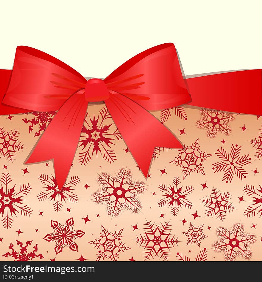 Pattern with snowflakes, red bow and place for text. Vector illustration. Pattern with snowflakes, red bow and place for text. Vector illustration