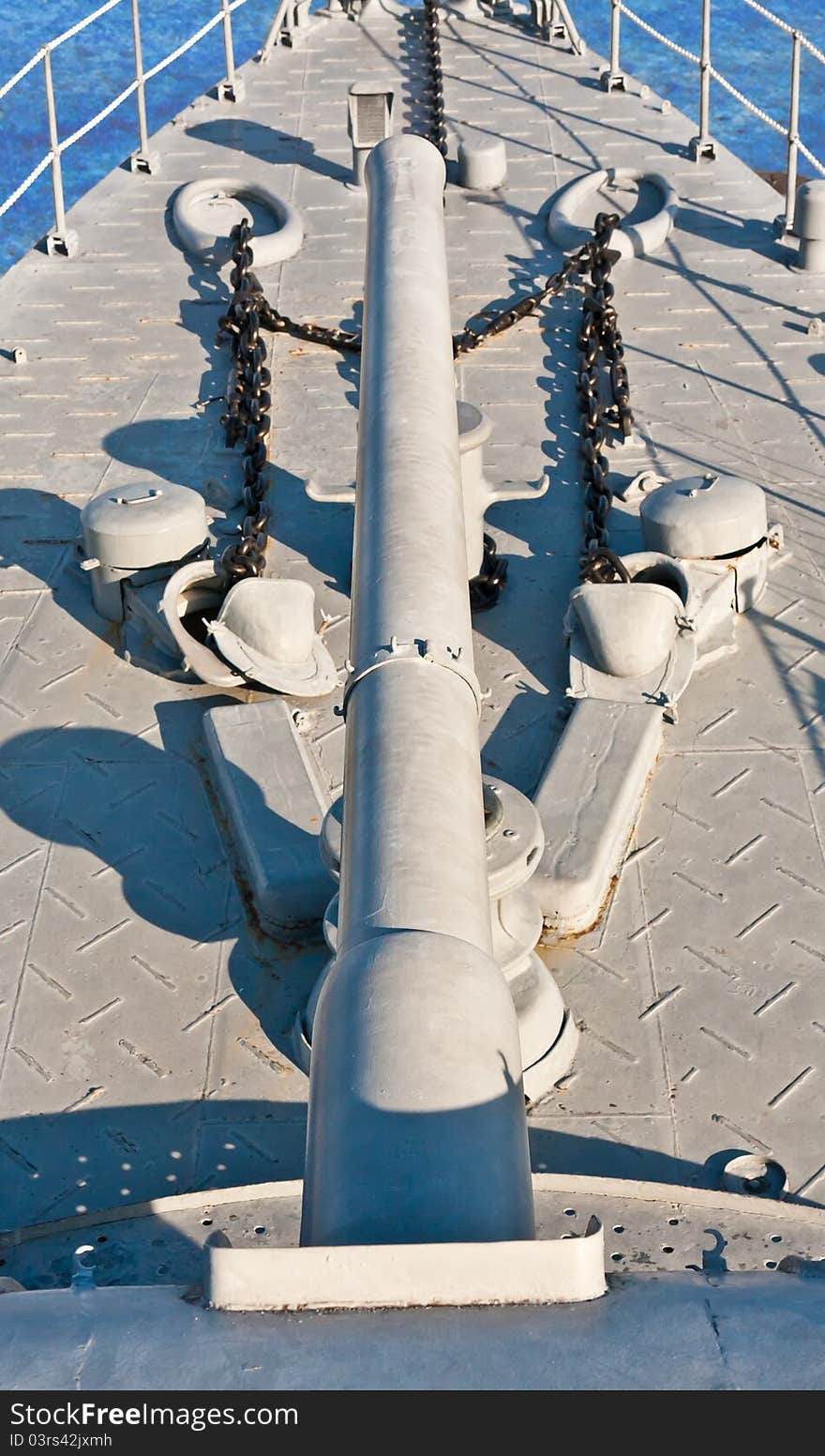 Gray metal canon on the battleship deck. Gray metal canon on the battleship deck