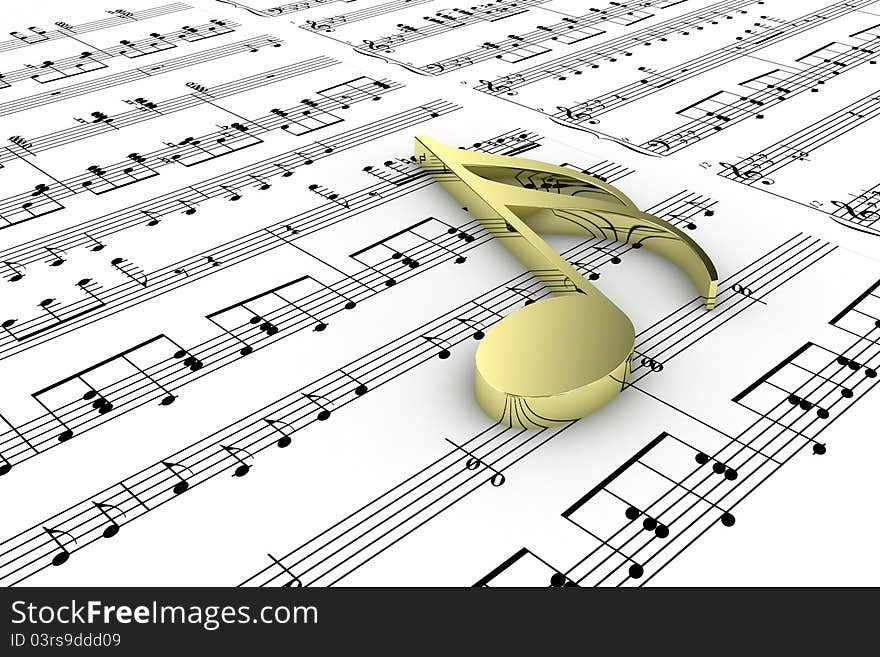 Gold musical note on a background written notes