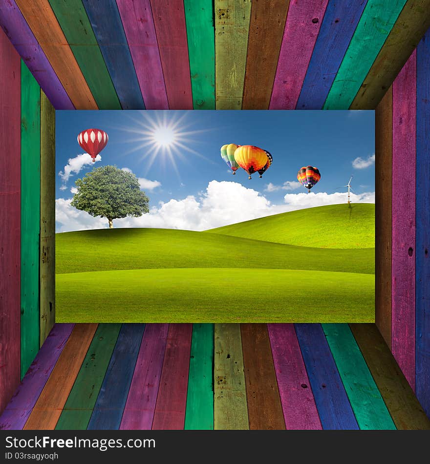 Multi Color wooden room open to beautiful landscape. Multi Color wooden room open to beautiful landscape