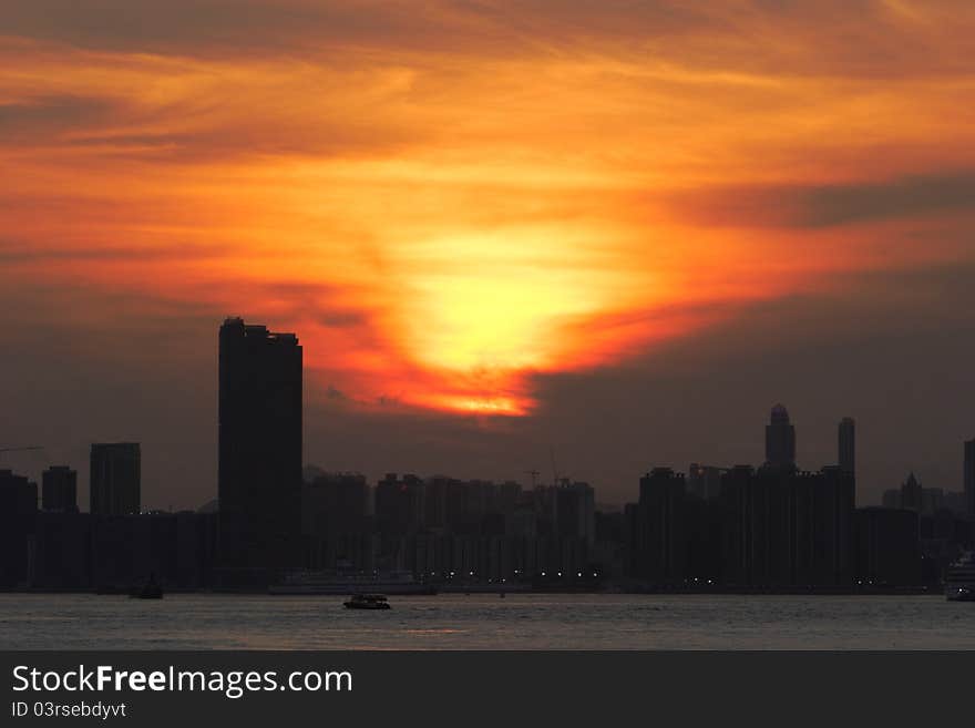 Hong Kong Skyline in Sunset. Hong Kong Skyline in Sunset