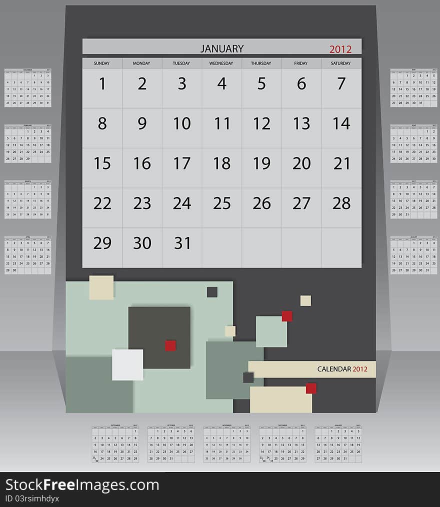 Calendar 2012 year with december 2011 and january 2013. First day of week beginning on Sunday. Vector illustration