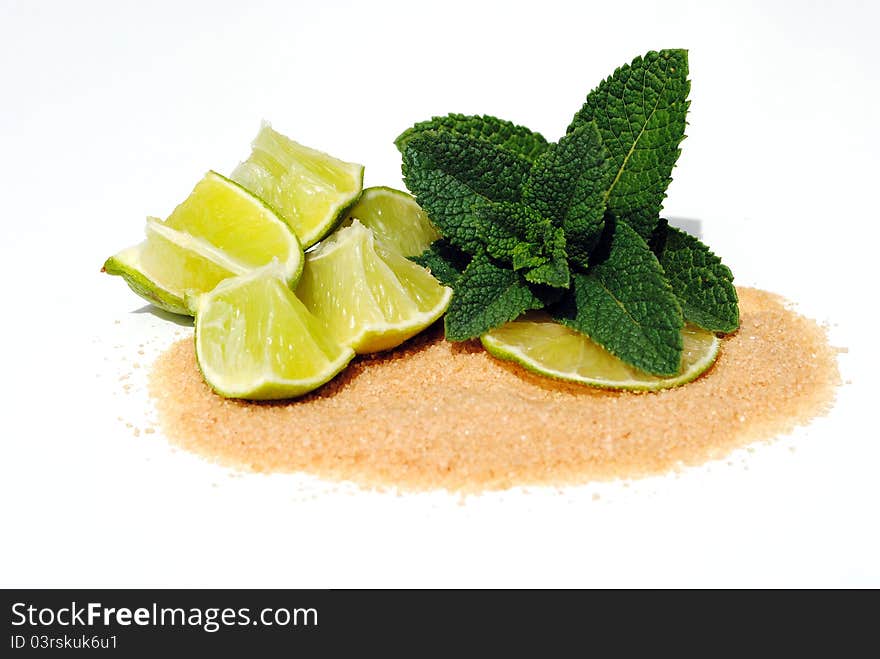 Lime, mint, and sugar for making mojto