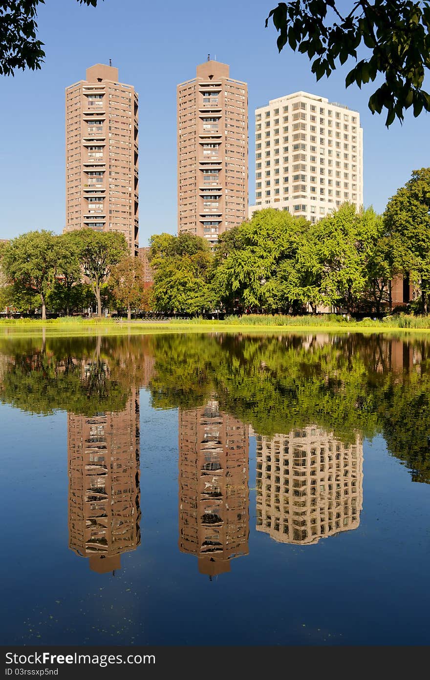 Three of the buildings surrounding the Harlem Meer on a Summer Day. Three of the buildings surrounding the Harlem Meer on a Summer Day.