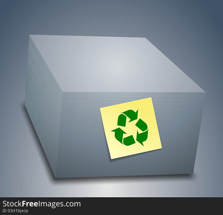 A stack of office paper sheets with a recycle logo on them. A stack of office paper sheets with a recycle logo on them