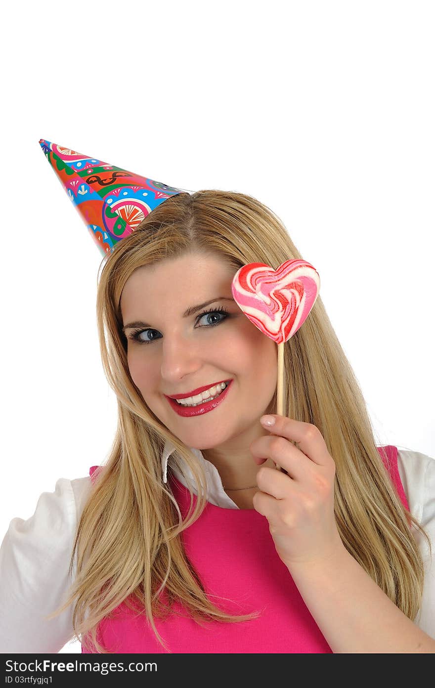 Pretty party female celebrating birthsday. isolated