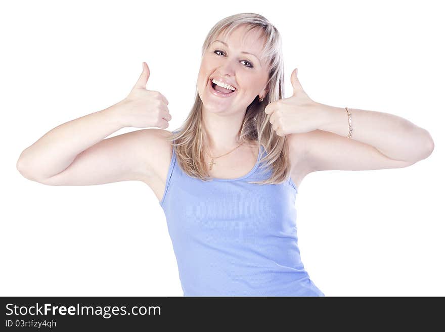 Young smiling woman showing hand ok sign. Young smiling woman showing hand ok sign