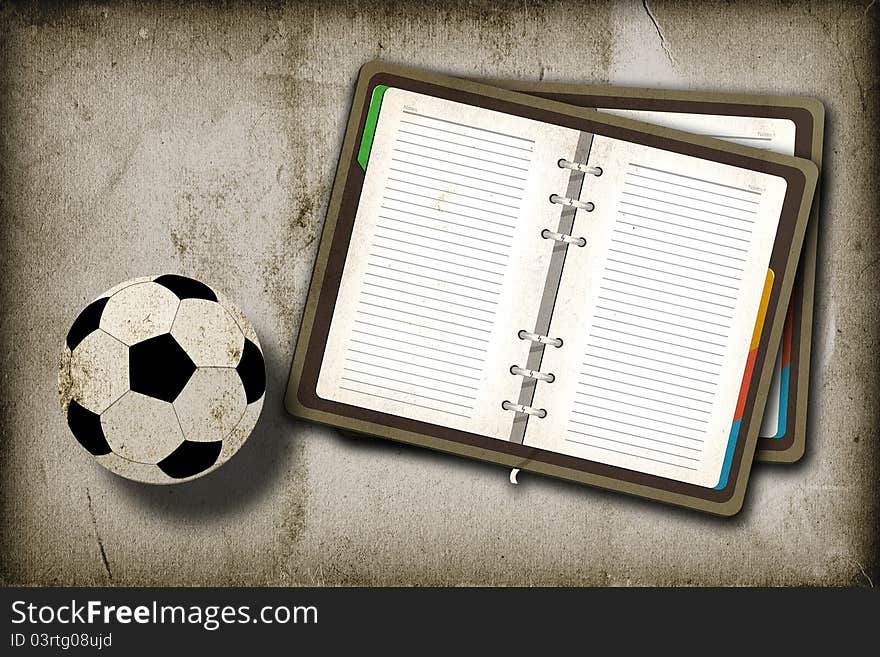 Football and blank notebook on grunge vintage background