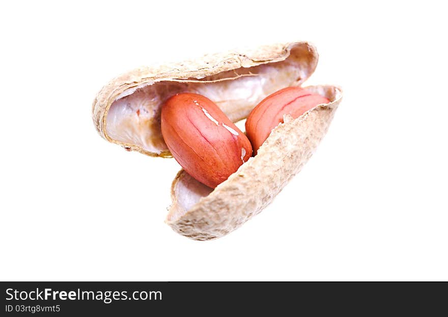 Photo of an open peanut ( on a white background, small depth of sharpness). Photo of an open peanut ( on a white background, small depth of sharpness)