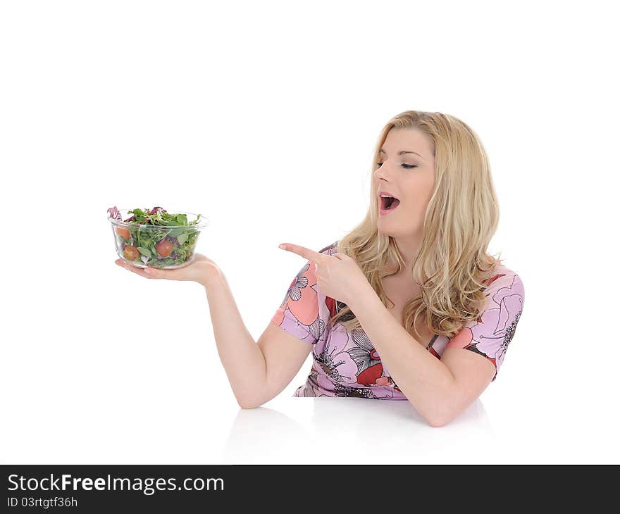 Casual Woman Eating Healthy Green Vegetable Salad