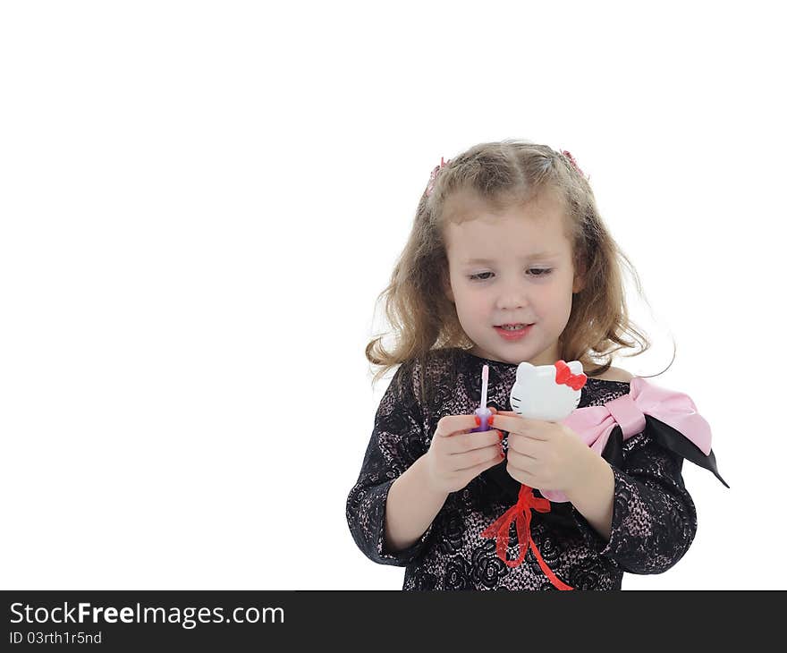 Pretty little girl with child lipstick. isolated