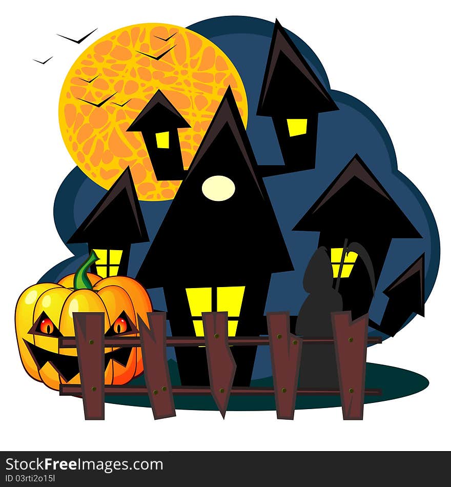 Black scary house with fence and pumpkin. Black scary house with fence and pumpkin