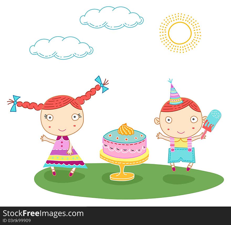 Cute bithday card with a boy and a girl. Cute bithday card with a boy and a girl