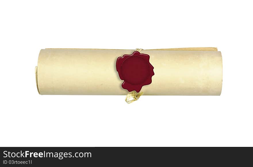 Vintage paper roll with wax seal on white background