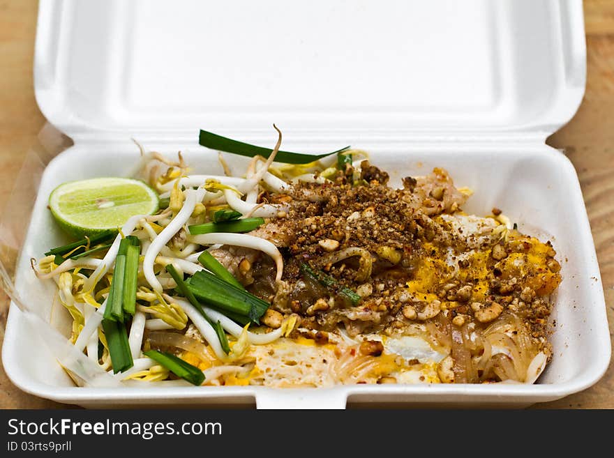 Delicious Thai food with vegetables on foam box. Delicious Thai food with vegetables on foam box.