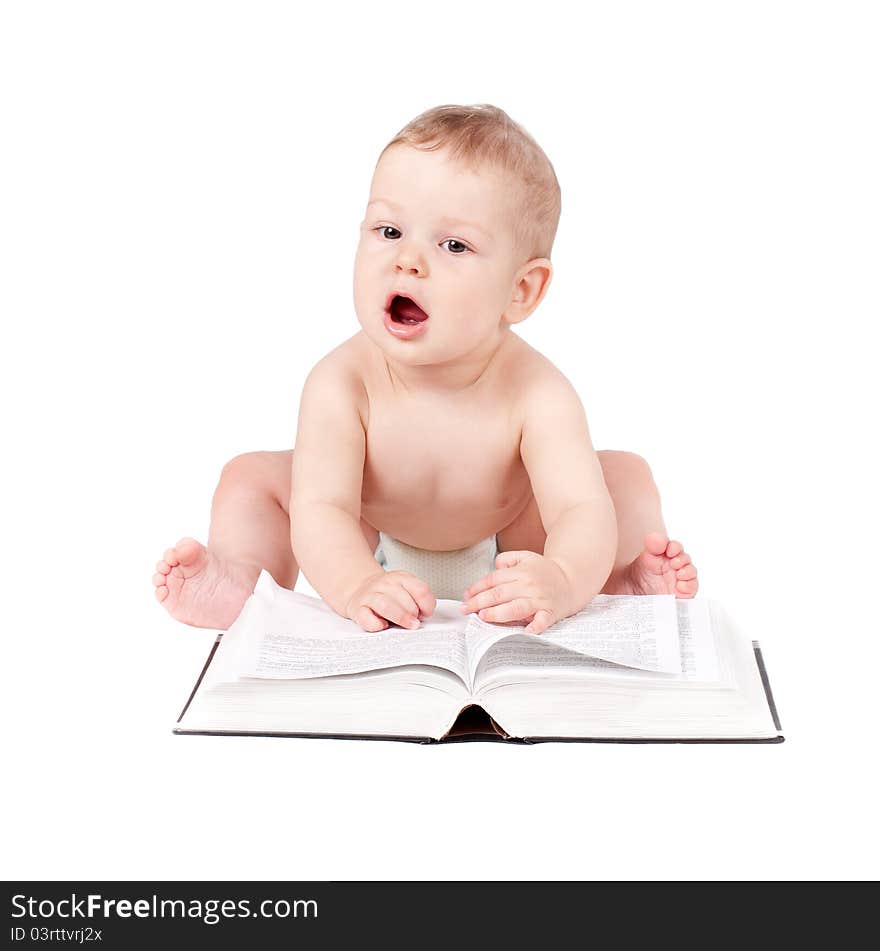 Curious little child play with book while sitting on floor, over white. Curious little child play with book while sitting on floor, over white