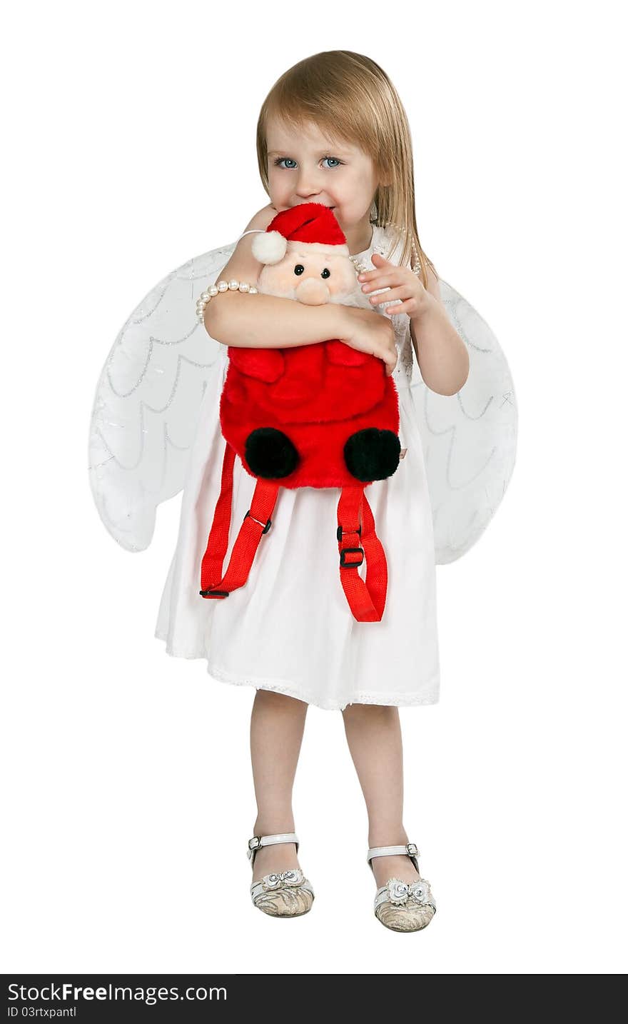 Little girl with angel wings and a red Santa Claus on a white background