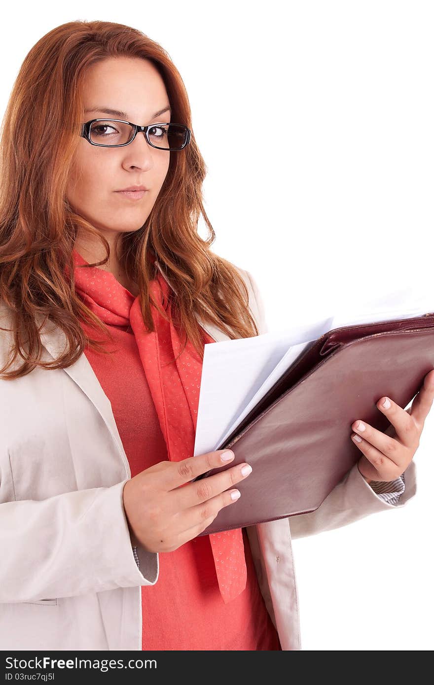 Young business woman, isolated over white background