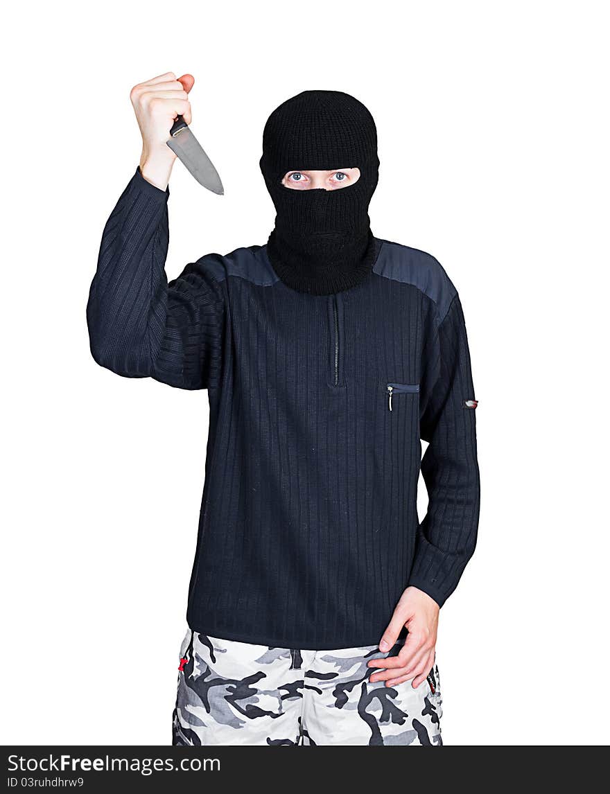 Bandit in black mask with knife