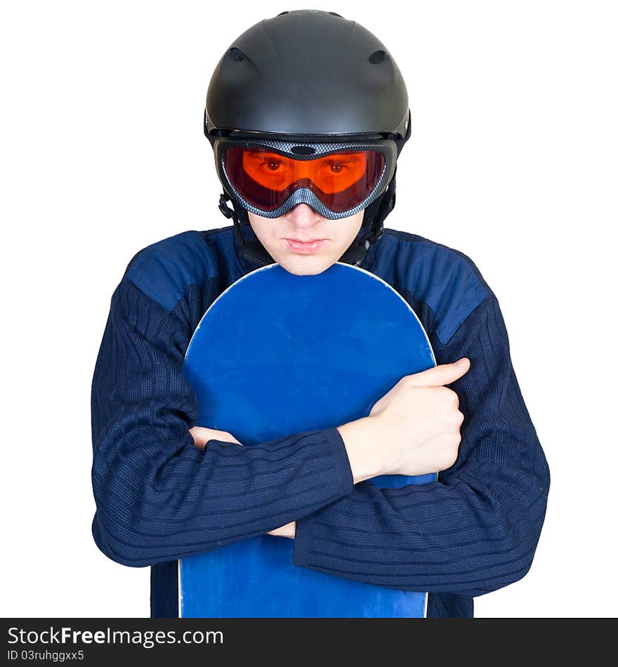 Portrait of boy in sportswear with snowboard