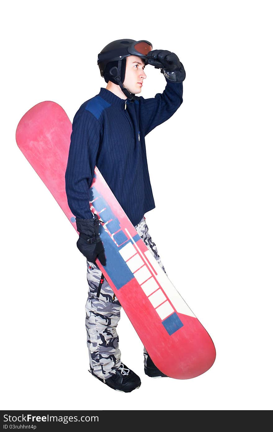 Portrait of boy in sportswear with snowboard