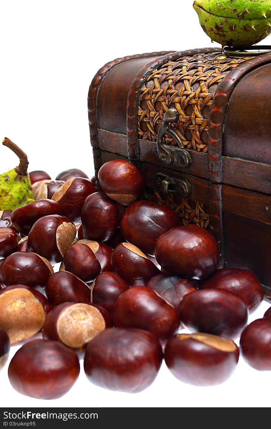 Chestnuts in the chest and about on a white background