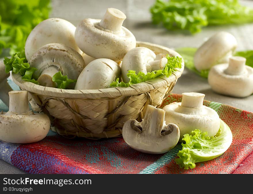 Fresh white champignons in a basket. Fresh white champignons in a basket