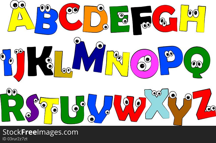 Crazy colorful alphabet from letters with eyes