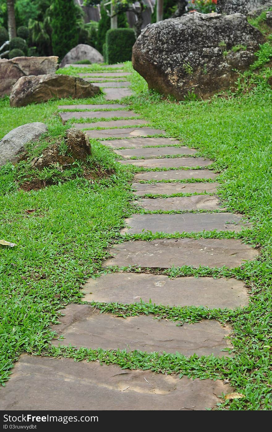 Garden stone path with grass growing up between the stones