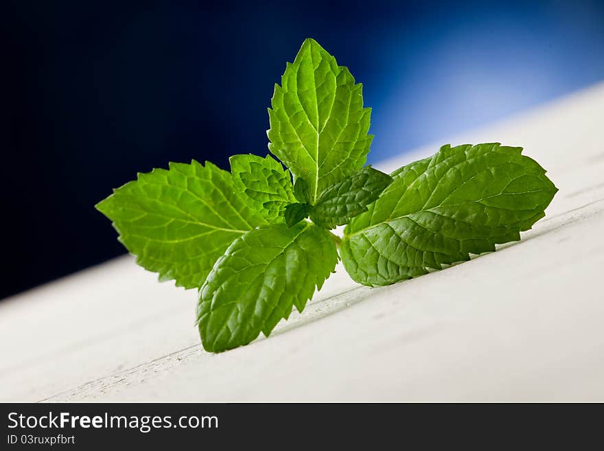 Photo of fresh mint leaves on wooden table highlighted by spot light. Photo of fresh mint leaves on wooden table highlighted by spot light