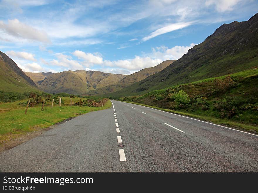 Road in North part of Scotland end of Loch Shiel, UK