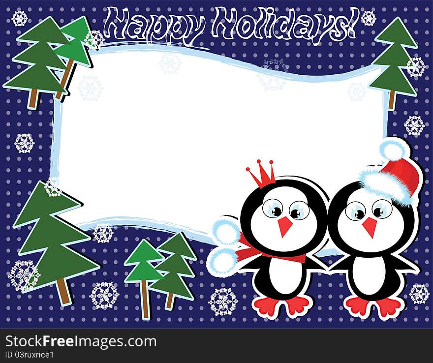 Two cute penguins on the Christmas backgorund-frame. Two cute penguins on the Christmas backgorund-frame.