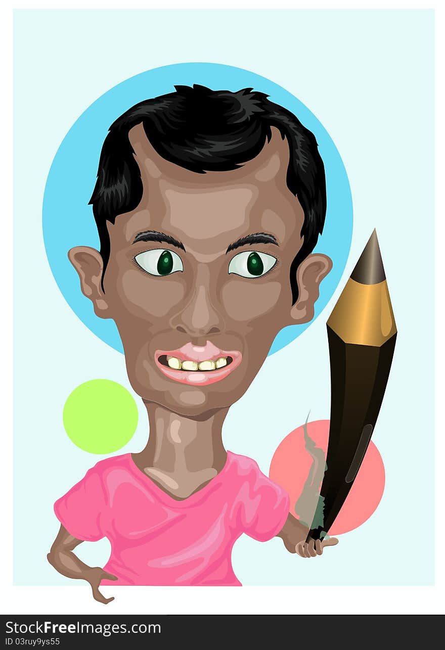 Illustration of young illustrator in pink shirt holding pencil. Illustration of young illustrator in pink shirt holding pencil