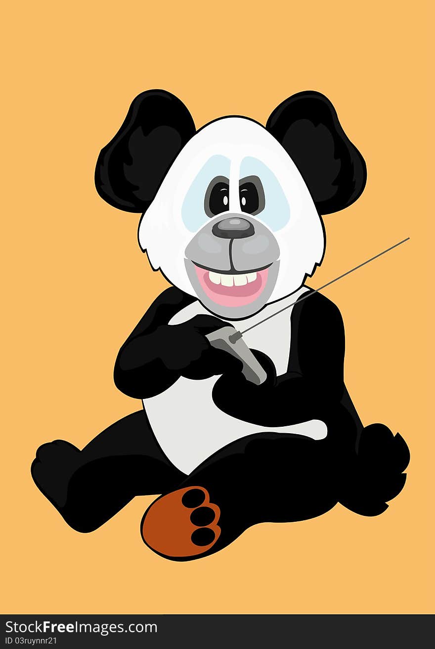 Illustration of black cute panda holding remote control