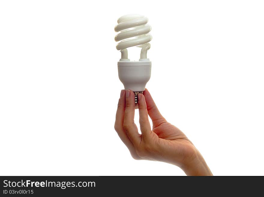 Woman holding bulb over white background. Woman holding bulb over white background