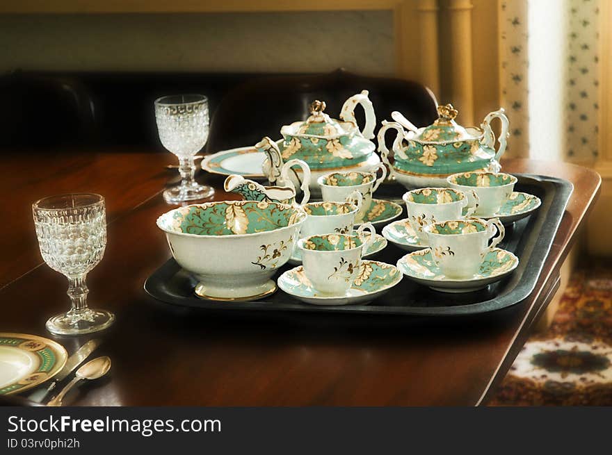 Table setting of victorian floral tea cups. Table setting of victorian floral tea cups