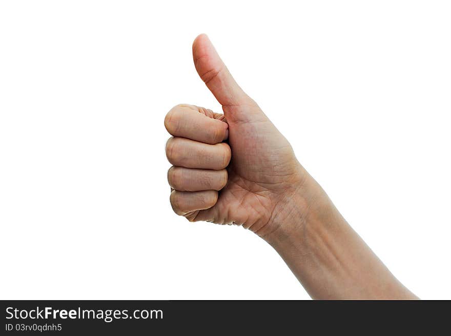 Woman hand showing thumb up sign isolated on white background