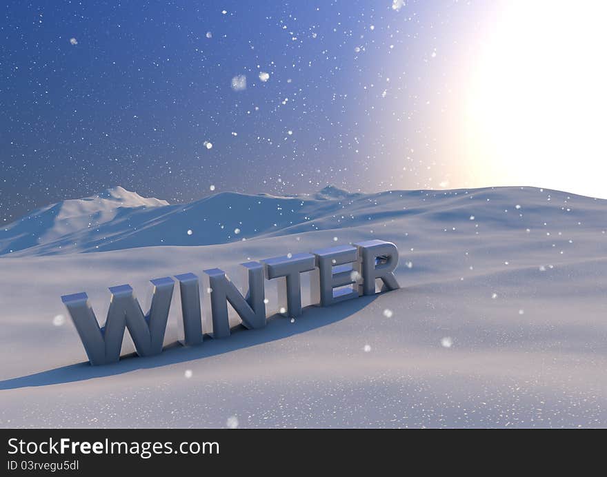 Render of a winter landscape with text. Render of a winter landscape with text