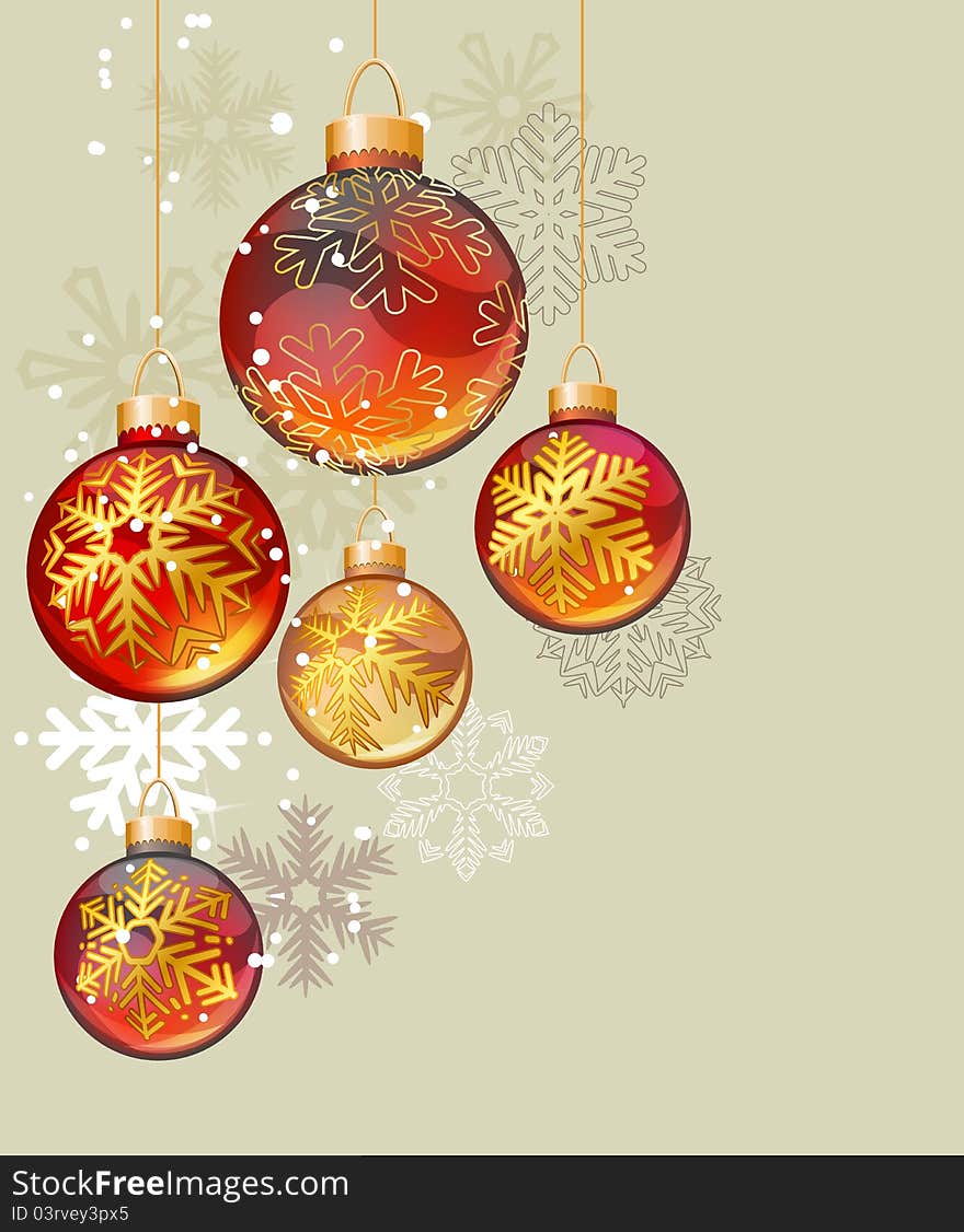 Christmas background with glass balls and contour snowflakes