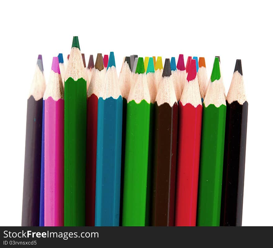 Set of color pencils on white background