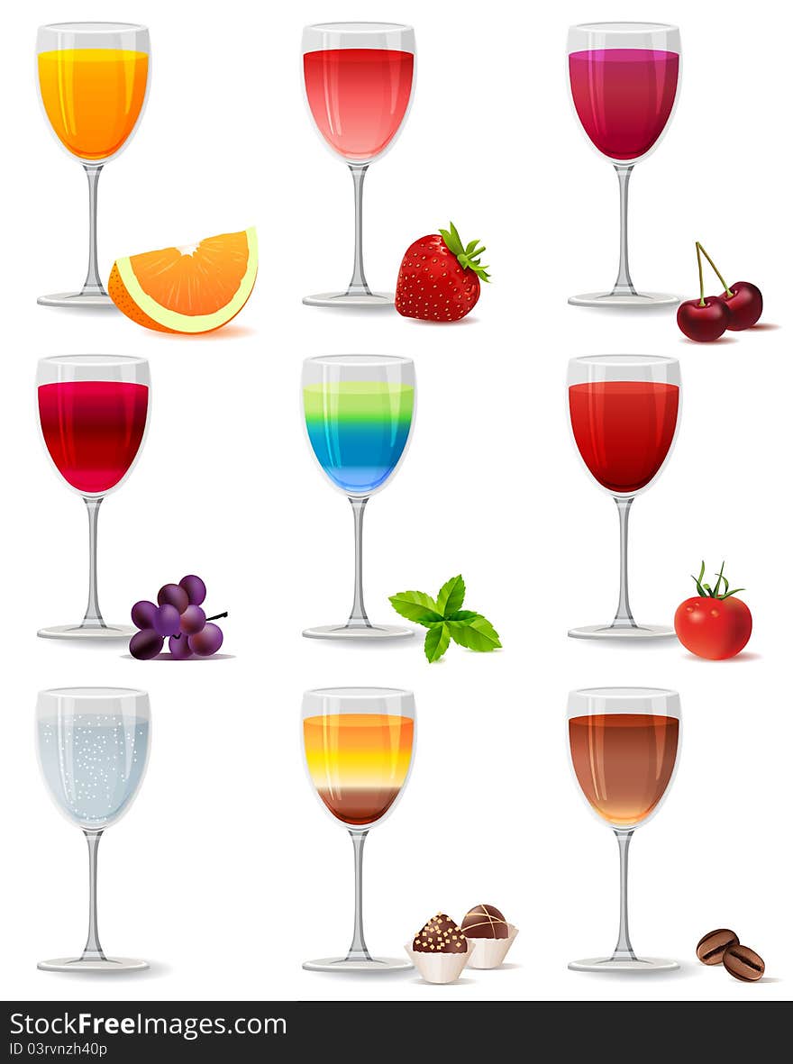 Different Cocktails And Juices On White