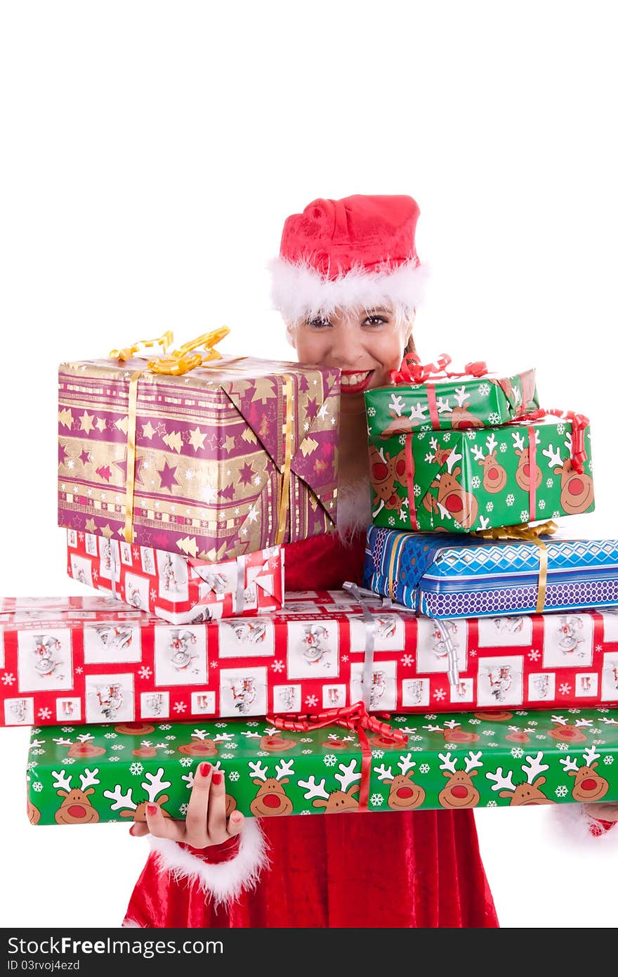 Santa Claus is holding lots of gifts in her hand. Santa Claus is holding lots of gifts in her hand