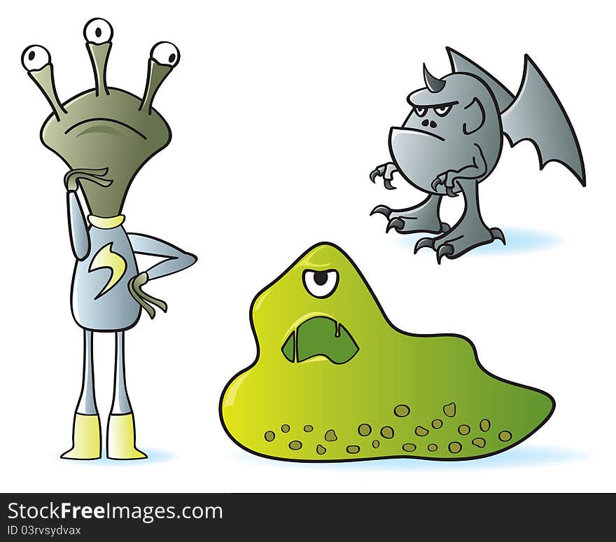 Three classic cartoon monsters. One alien, one blob, and a gray gargoyle creature.