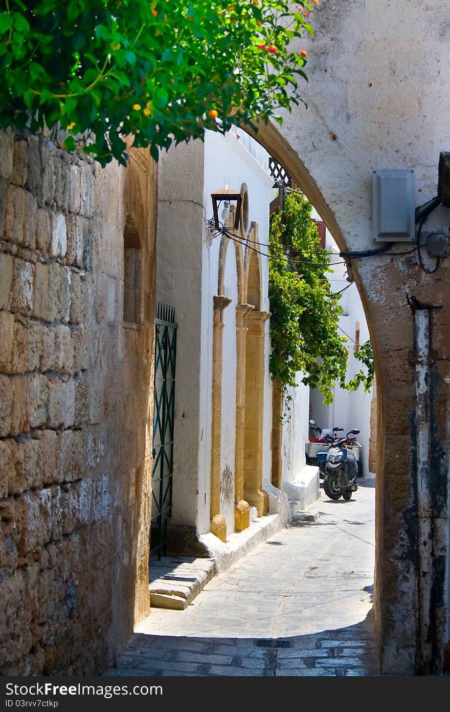 Picturesque traditional street in Greece, Lindos, Rhodes. Picturesque traditional street in Greece, Lindos, Rhodes