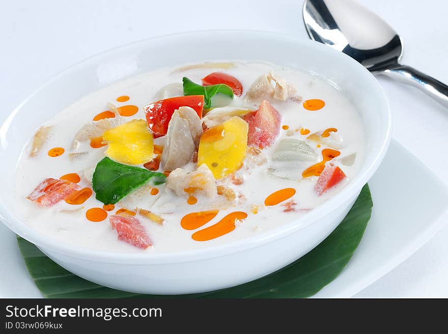 Close up view of nice delicious Thai soup on white back. Close up view of nice delicious Thai soup on white back